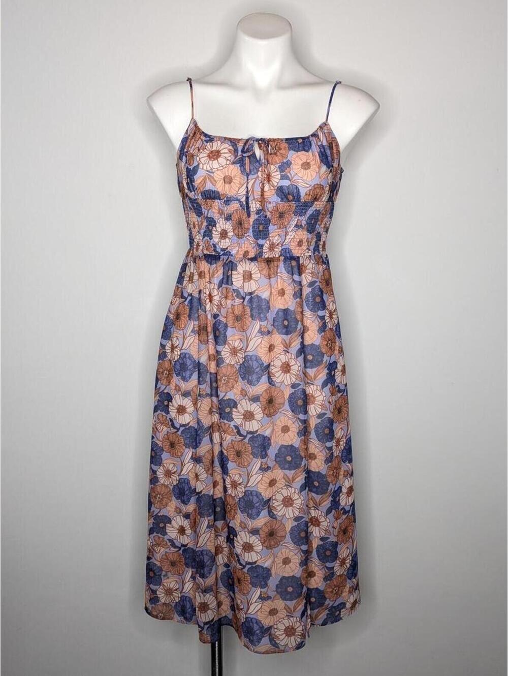 Wilfred Aritzia Genoa Blue Cream Floral Smocked Spaghetti Strap Midi Dress XS